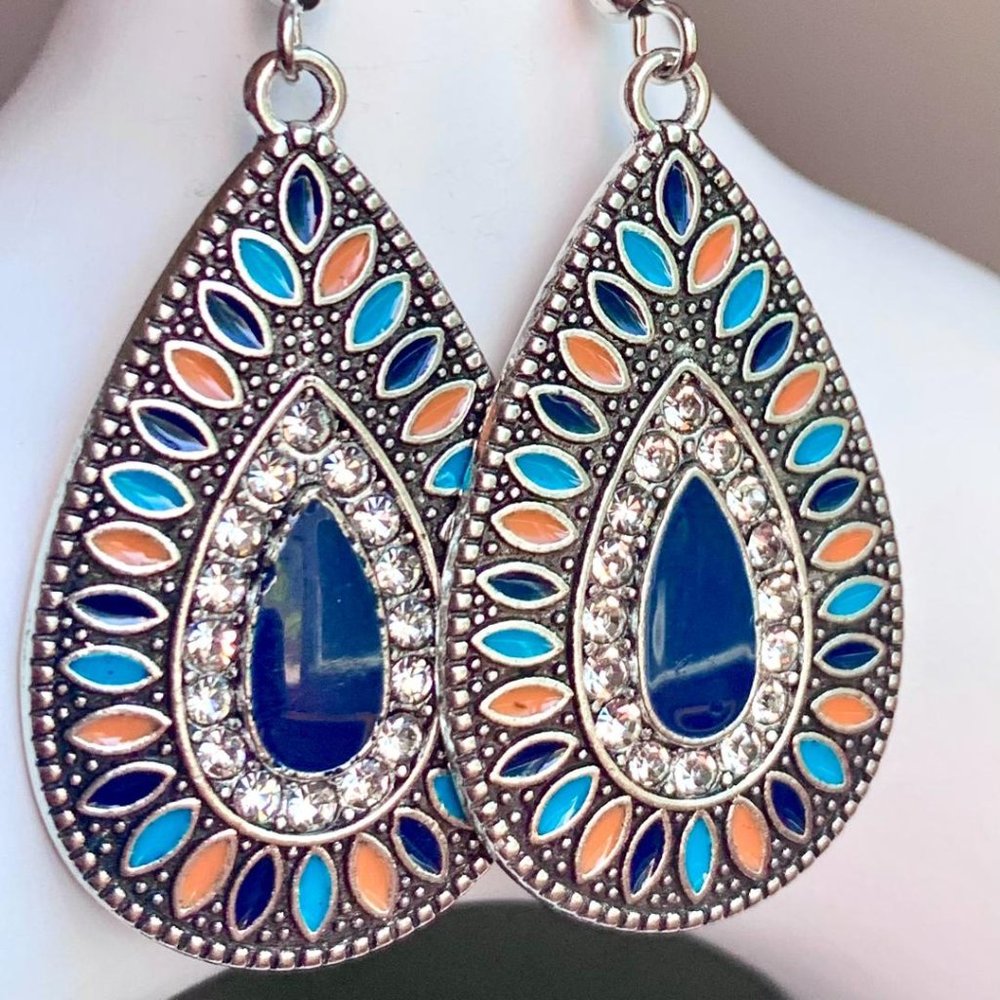 Silver Southwest Boho Orange Blue Enameled Rhinestone Teardrop Dangle Earrings